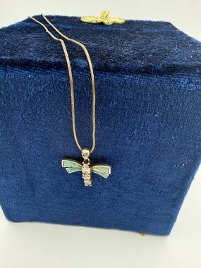 Dragonfly Pendant 925  Silver Italy Necklace w/ Green synthetic Opal Inlay READ